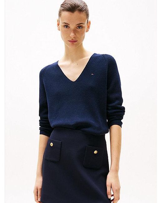 Tommy Hilfiger Kabelgebreide Trui Met V-Hals in het Blue