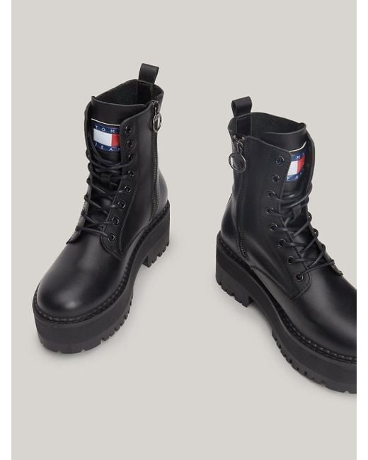 Tommy Hilfiger Black Leather Lace-up Cleat Ankle Boots