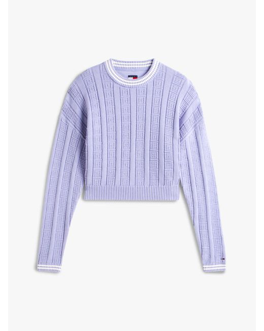 Tommy Hilfiger Purple S Cotton Cable Pullover Crewneck Sweater With Knit Flag Print