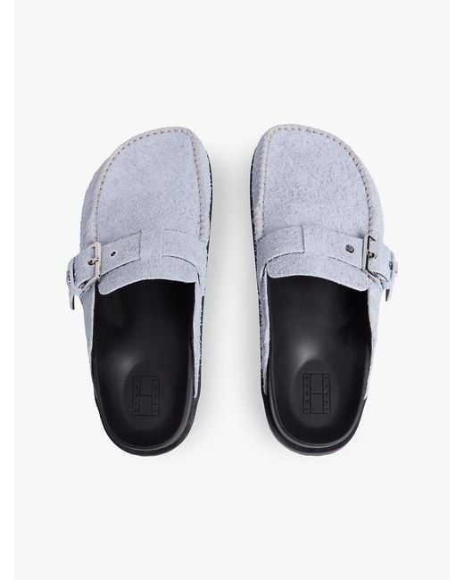 Tommy Hilfiger White Textured Suede Buckle Mules