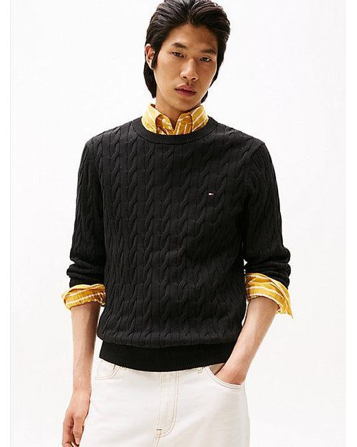 Jersey De Punto Trenzado Con Cuello Redondo Tommy Hilfiger de hombre de color Black