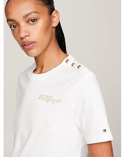 Tommy Hilfiger Gestreept T-shirt Met Gouden Knopen in het White