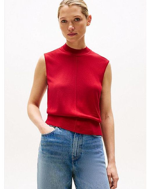 Tommy Hilfiger Red Ärmelloses Mock-Neck-Top Mit Seide