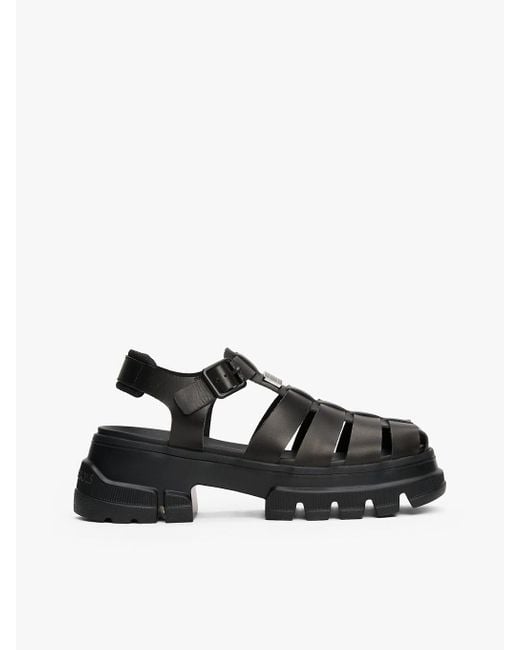 Tommy Hilfiger Black Leather Chunky Cleat Fisherman Sandals