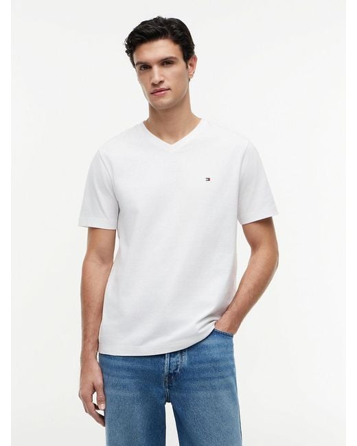 Tommy Hilfiger White Flag Embroidery V-neck T-shirt for men