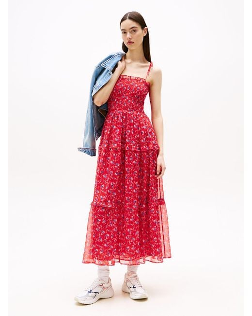 Tommy Hilfiger Red Floral Print Chiffon Maxi Dress
