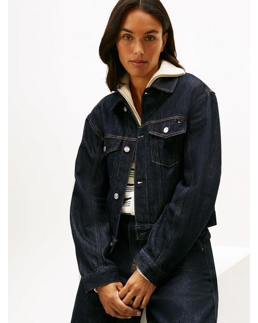 Tommy Hilfiger Black Flag Embroidery Pleated Denim Jacket