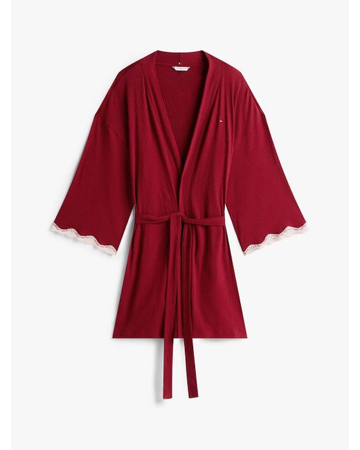 Tommy Hilfiger Red Essential Ribbed Lace Trim Robe