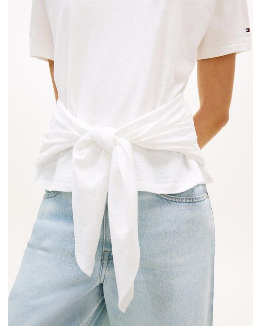 Tommy Hilfiger White Self-Tie Textured Relaxed Crew Neck T-Shirt