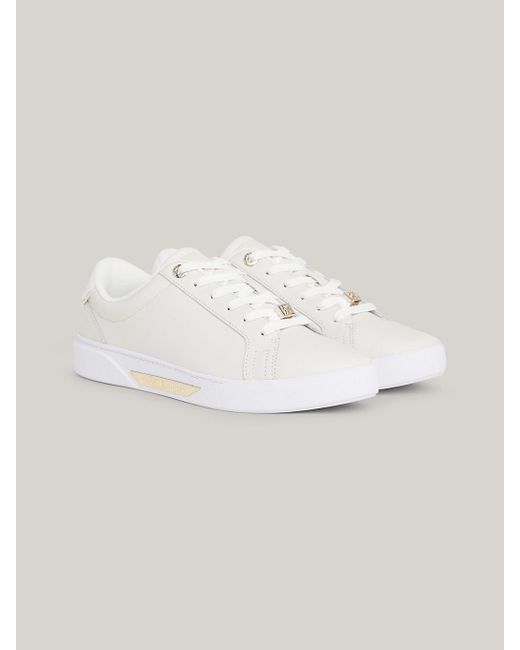 Tommy Hilfiger White Metallic Logo Leather Cupsole Court Trainers