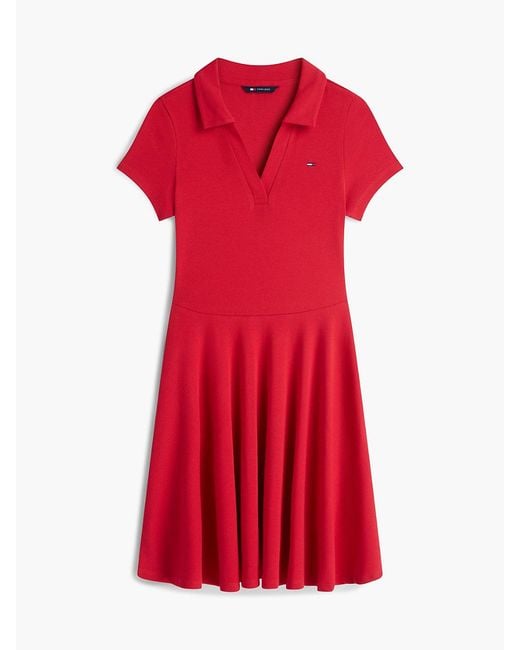 Tommy Hilfiger Red Ribbed Fit And Flare Mini Polo Dress