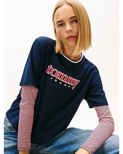 Tommy Hilfiger Blue S Short Sleeve Cotton Graphic T-shirt With Applique Logo Detail
