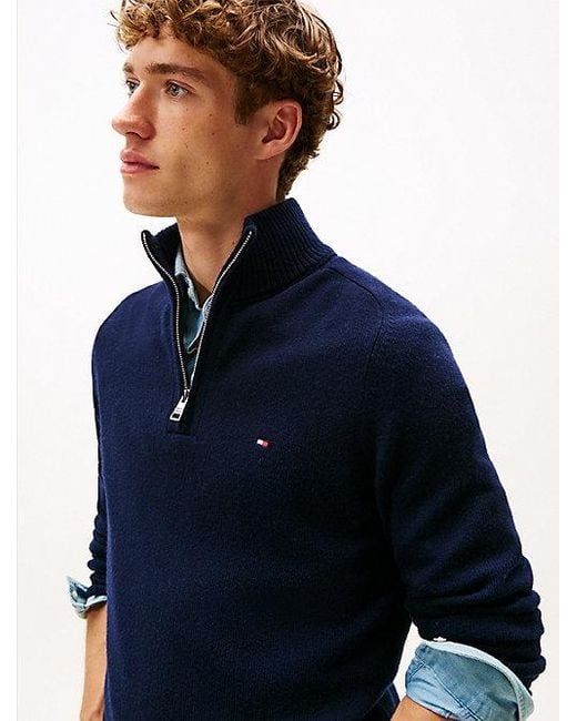 Tommy Hilfiger Wollen Trui Met Opstaande Hals En Halve Rits in het Blue voor heren