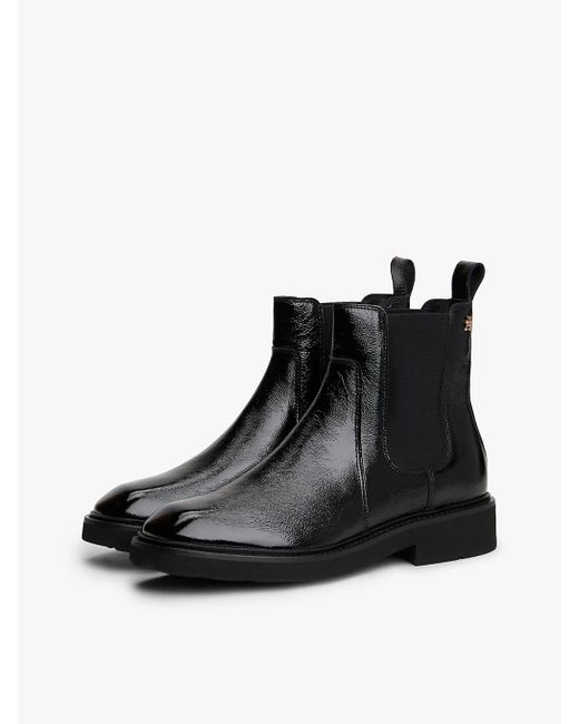 Tommy Hilfiger Black Patent Crinkle Leather Chelsea Boots