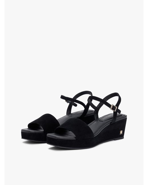 Tommy Hilfiger Black Suede Th Monogram Wedge Sandals