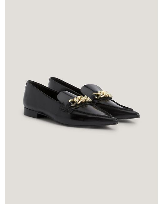 Tommy Hilfiger Black Leather Pointed Toe Chain Ballerinas