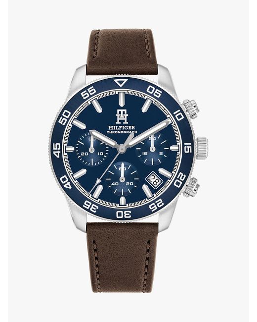 Tommy Hilfiger Blue Brown Leather Strap Chronograph Watch for men