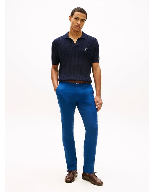 Tommy Hilfiger Blue Denton Straight Leg Linen Blend Chinos for men