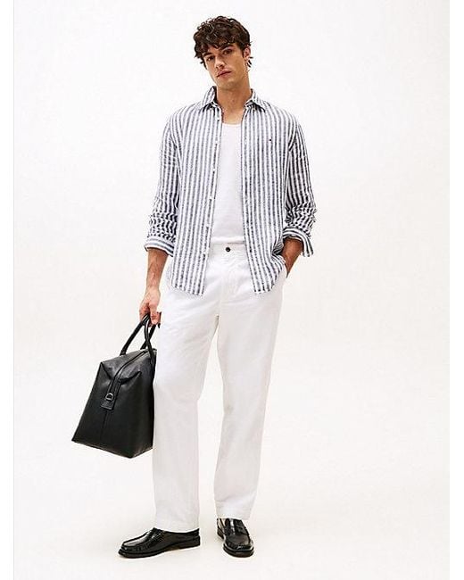 Tommy Hilfiger Regular Fit Gestreept Linnen Overhemd in het White voor heren
