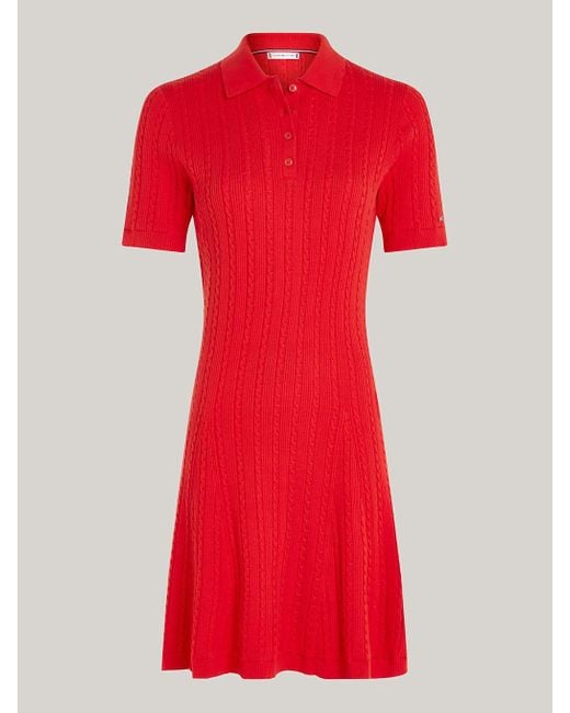 Tommy Hilfiger Red Cable Knit Knee Length Polo Sweater Dress