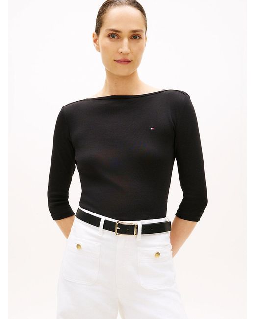 Tommy Hilfiger Black Slim Three-quarter Sleeve Boat Neck T-shirt