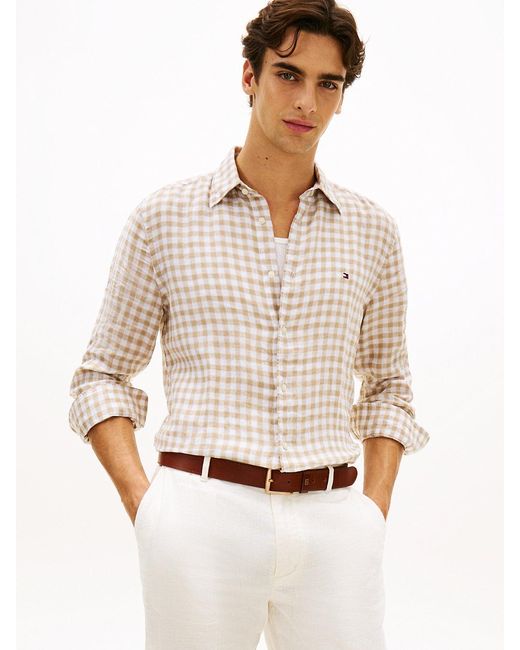 Tommy Hilfiger White Regular Fit Gingham Check Pure Linen Shirt for men