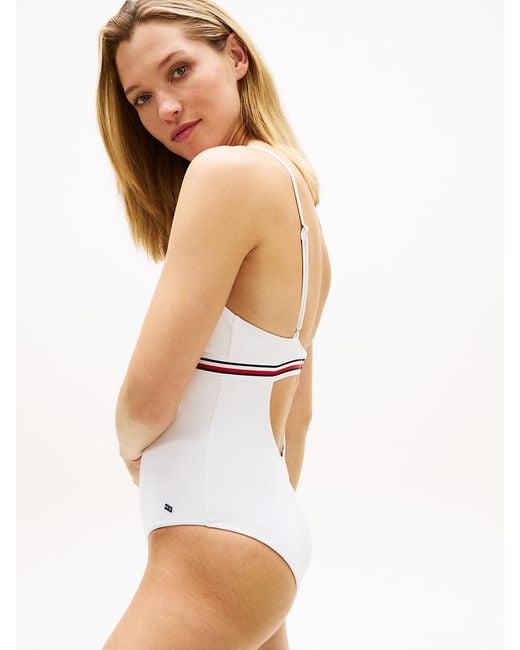Tommy Hilfiger White Global Stripe Plunge Triangle Swimsuit