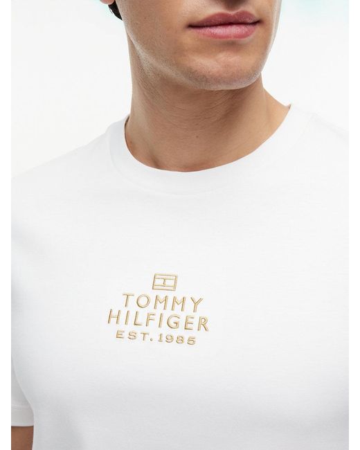 Tommy Hilfiger White Tonal Logo Embroidery Interlock Knit T-Shirt for men