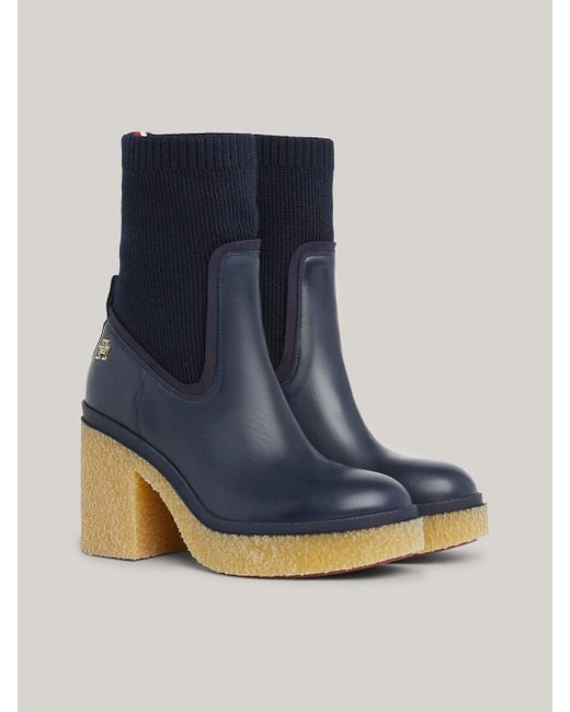 Tommy Hilfiger Blue Leather Crepe Sole Heeled Sock Boots