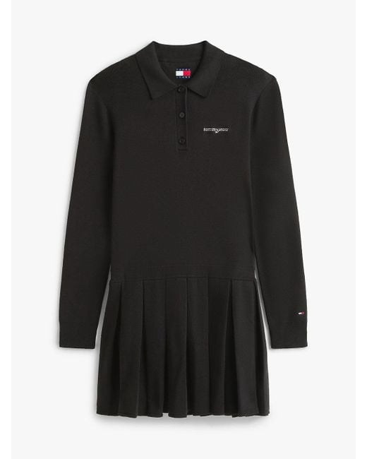 Mini Robe Pull Plissée À Logo Brodé Tommy Hilfiger en coloris Black