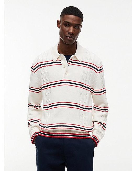 Tommy Hilfiger Tommy Badge Gestreifter Polopullover Mit Zopfmuster in White für Herren