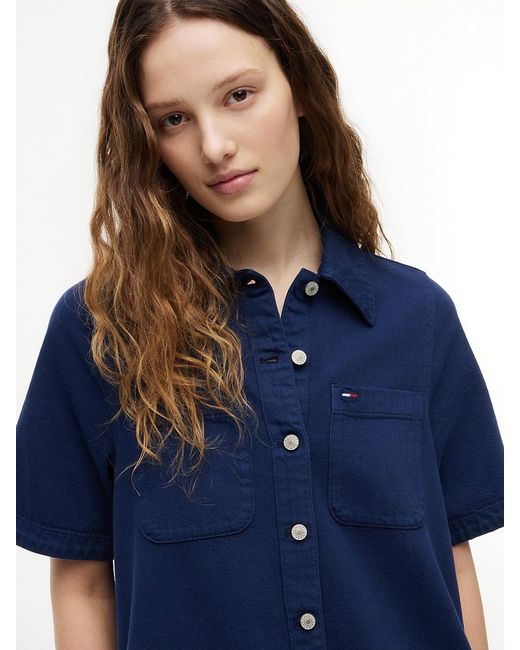 Tommy Hilfiger Blue Textured Twill A-Line Mini Shirt Dress