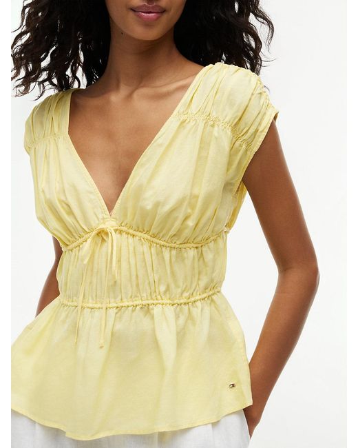 Tommy Hilfiger Yellow Regular Fit Sleeveless Smock Blouse With Linen