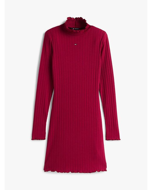 Tommy Hilfiger Red Ruffle Trim Ribbed Slim Mini Dress