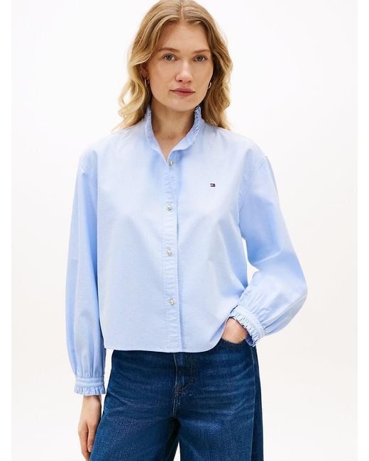 Tommy Hilfiger Blue Boxy Fit Ruffle Short Oxford Shirt