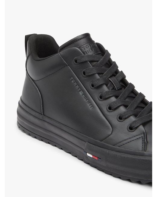 Tommy Hilfiger Black Leather Serrated Mid-Top Trainers for men