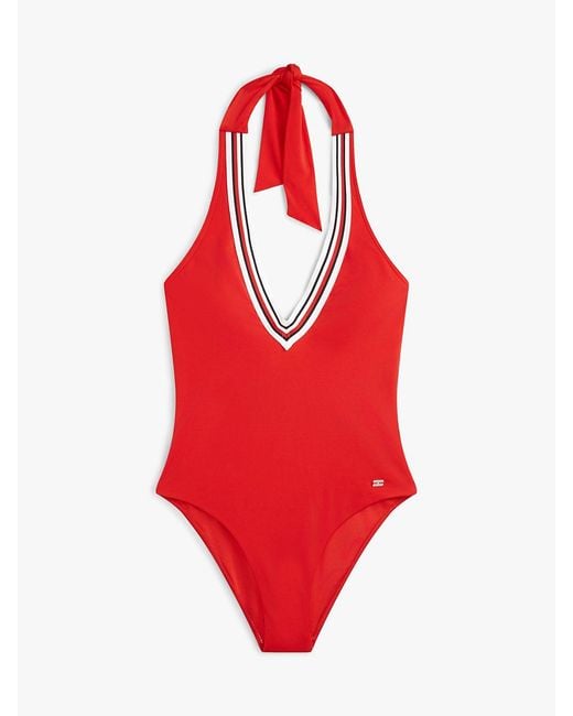 Tommy Hilfiger Red Global Stripe Plunge Halterneck Swimsuit