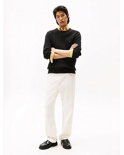 Jersey De Punto Trenzado Con Cuello Redondo Tommy Hilfiger de hombre de color Black