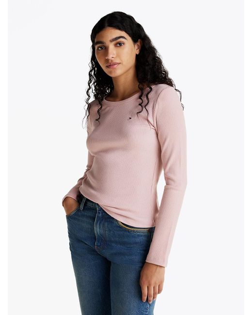 T-Shirt Slim Fit A Coste E Maniche Lunghe di Tommy Hilfiger in Pink