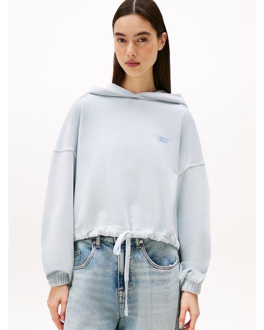 Tommy Hilfiger White Medium Weight Cropped Hoodies With Front Tie Detail Hooded Sweatshirt