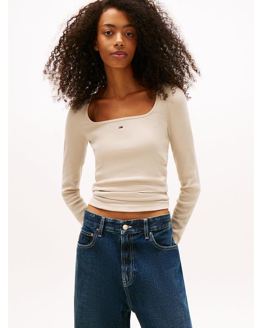 Tommy Hilfiger Blue Square Neck Slim Long Sleeve T-Shirt