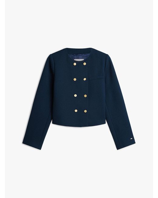 Tommy Hilfiger Blue Textured Wool Blend Double Breasted Jacket