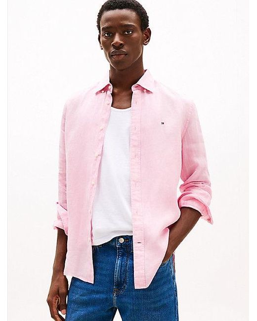 Tommy Hilfiger Regular Fit Overhemd Van Pigment-dyed Linnen in het Pink voor heren