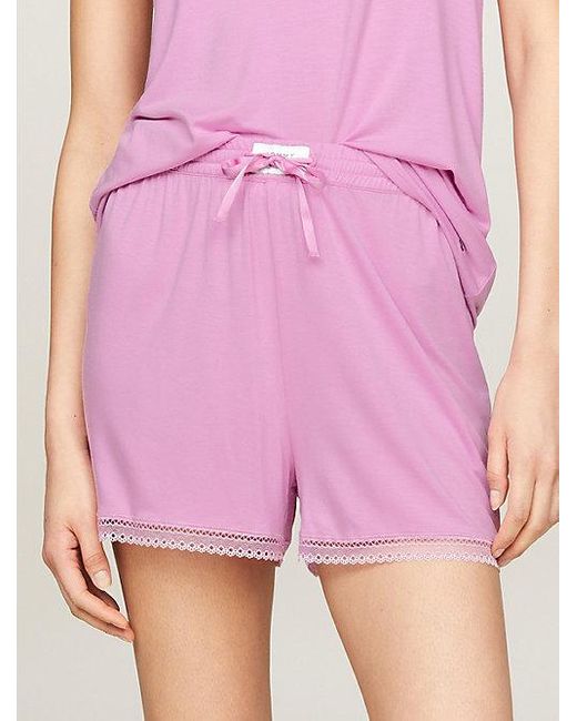 Tommy Hilfiger Pink Pyjama-Shorts mit Spitzenbesatz und Logo
