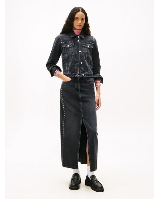 Tommy Hilfiger Black Studded Denim Maxi Skirt