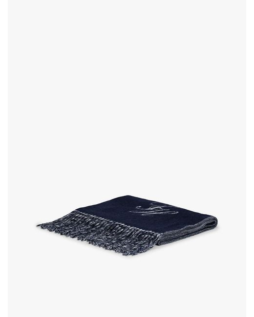 Tommy Hilfiger Blue Pure Wool Logo Fringe Scarf