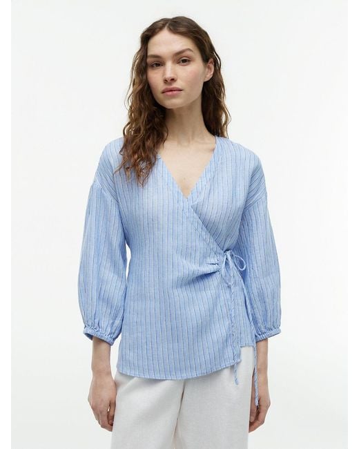 Tommy Hilfiger Blue Relaxed Fit Pure Linen Wrap Blouse