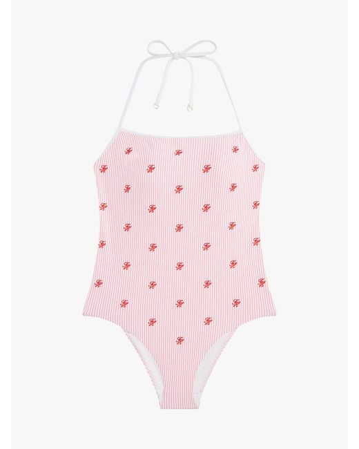 Tommy Hilfiger Pink Seersucker Logo Embroidery Halterneck Swimsuit