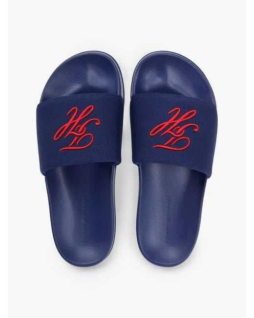 Tommy Hilfiger Blue Logo Embroidery Canvas Pool Slides for men