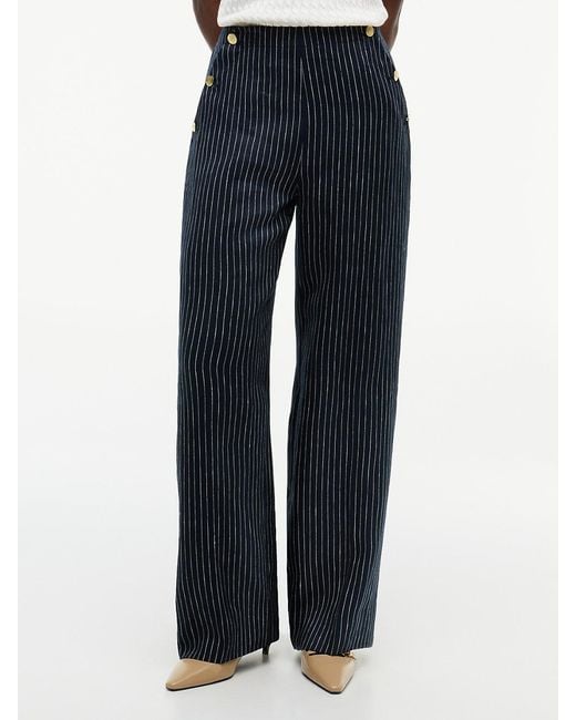 Tommy Hilfiger White Pinstripe-Tone Button Wide Leg Trousers With Linen